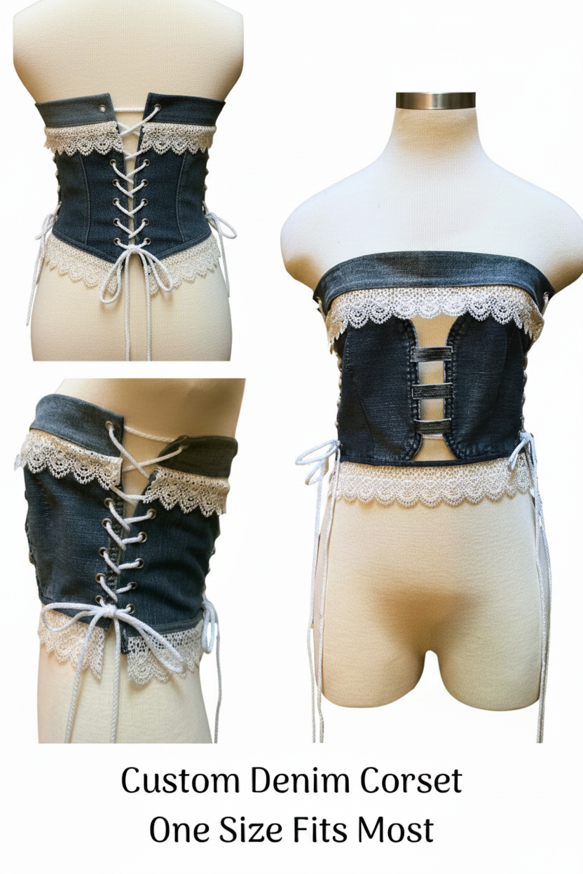 One-of-a-Kind Reworked Denim Corset Belt | Upcycled Lace Waist Cincher | Whimsigoth Boho Coquette Fairy Grunge Festival Fashion | LMM Atelier Original