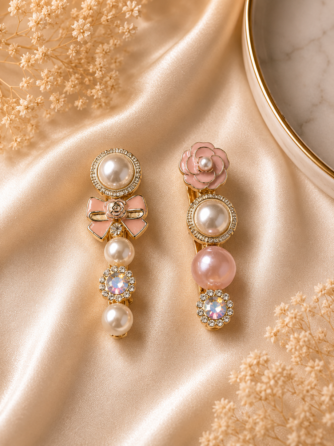 Pearl Bow & Floral Hair Clips