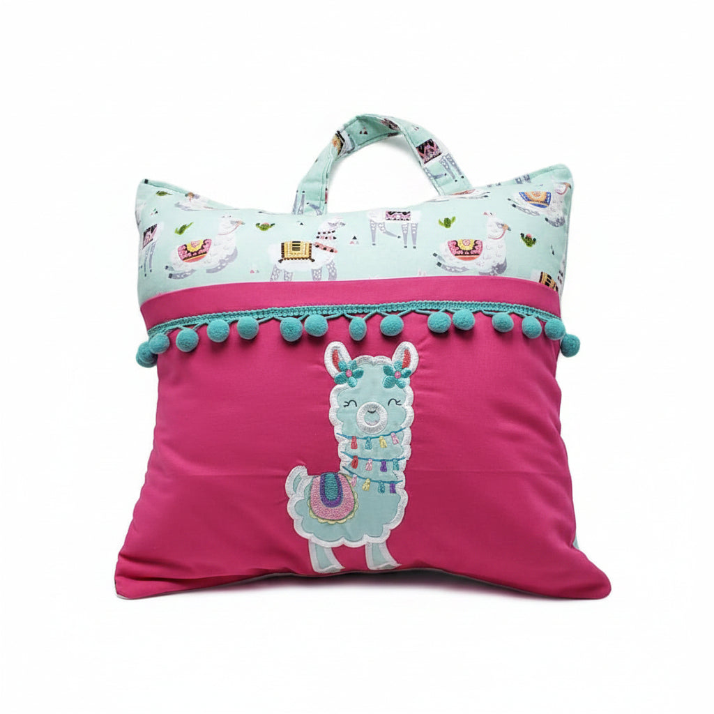 Pom Pom Llama Reading Pillow Cover | Handmade Kids Book Pillow with Pom Pom Trim & Pocket