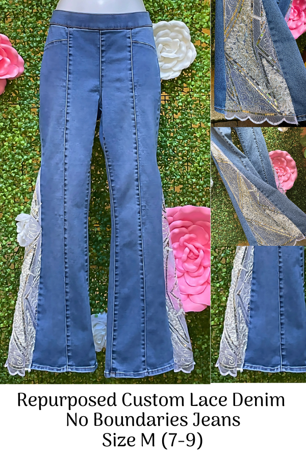 Custom Reworked High-Rise Lace Flare Jeans - Sustainable Boho Y2K Fairycore Festival Denim Jeans