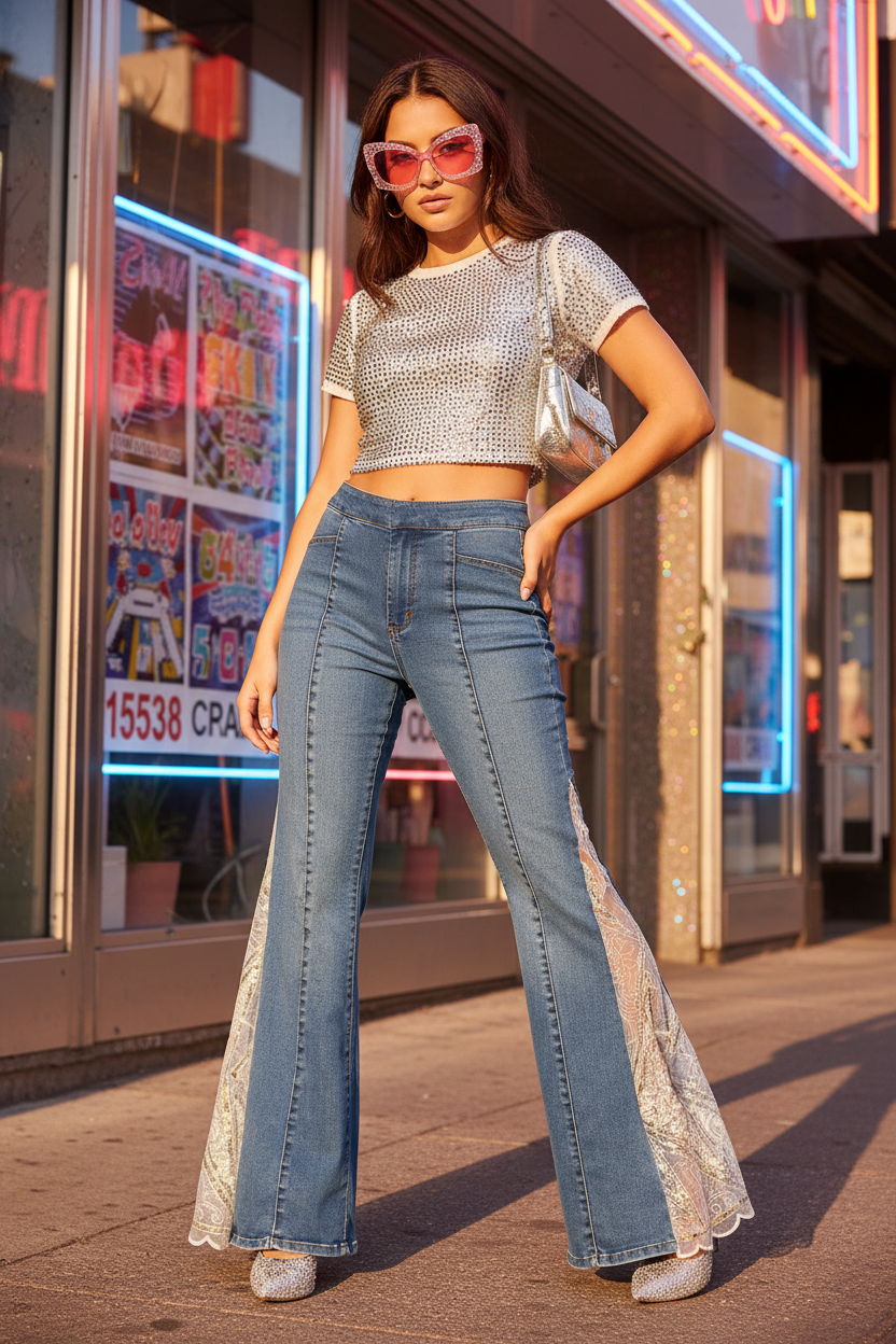Custom Reworked High-Rise Lace Flare Jeans - Sustainable Boho Y2K Fairycore Festival Denim Jeans
