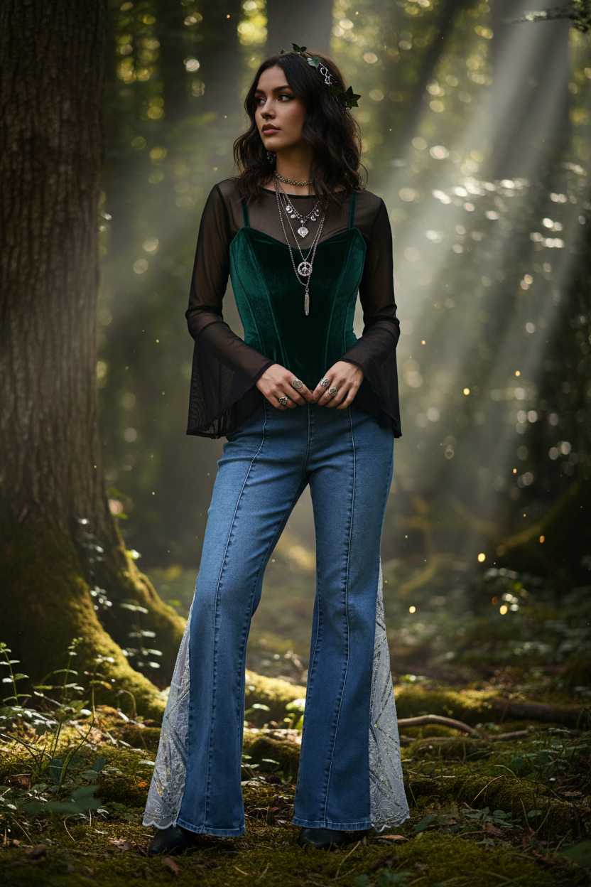 Custom Reworked High-Rise Lace Flare Jeans - Sustainable Boho Y2K Fairycore Festival Denim Jeans