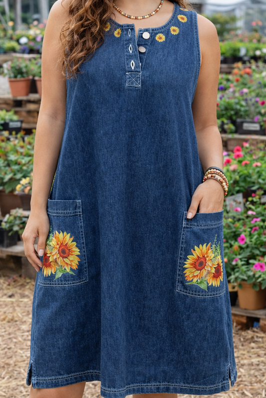 Sunflower Denim Shift Dress | Women's Contemporary Casual Cute Boho Cottagecore Sleeveless Pocket Dress | Boutique Floral Denim Dress