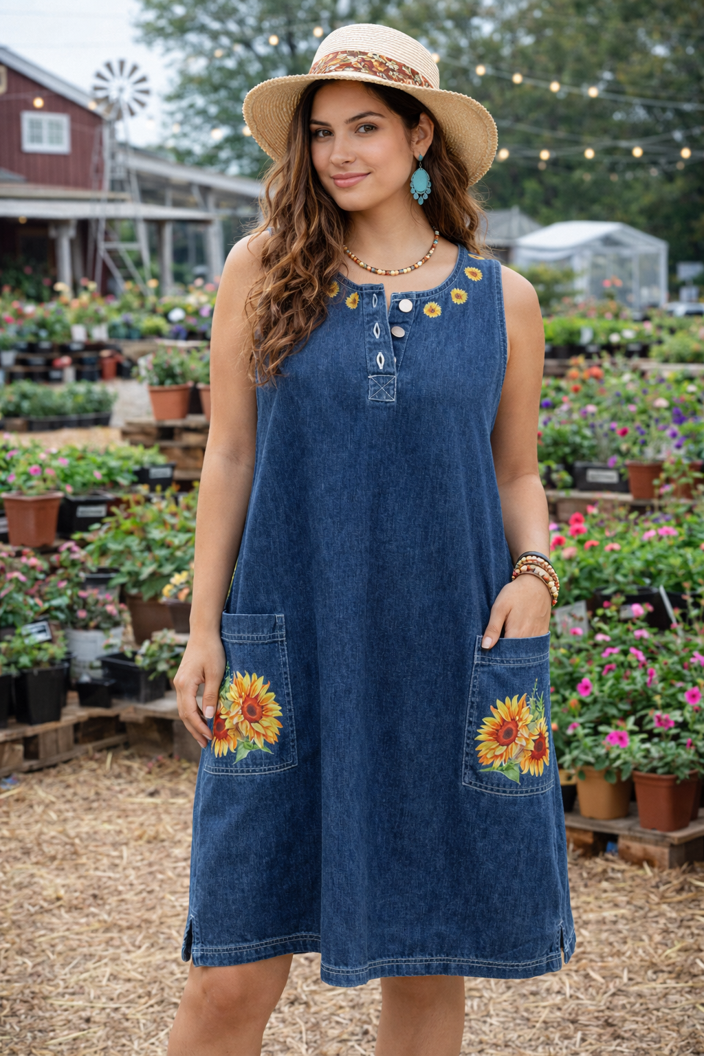 Sunflower Denim Shift Dress | Women's Contemporary Casual Cute Boho Cottagecore Sleeveless Pocket Dress | Boutique Floral Denim Dress
