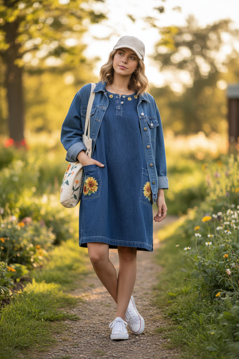Sunflower Denim Shift Dress | Women's Contemporary Casual Cute Boho Cottagecore Sleeveless Pocket Dress | Boutique Floral Denim Dress