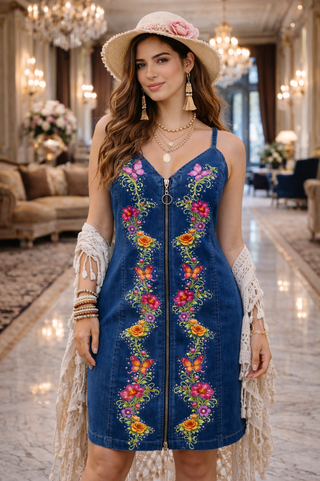 Upcycled Boho Denim Embroidered Butterfly Garden Dress
