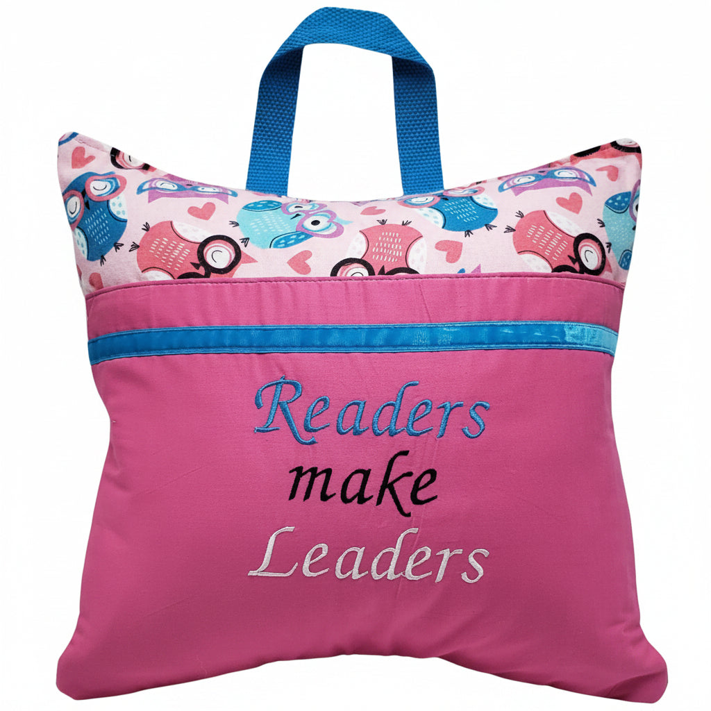 Readers Make Leaders Owl Reading Pillow Cover | Inspirational Book Pillow with Pocket & Handle | Handmade by LMM Atelier