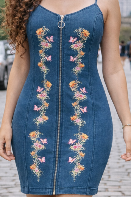 Reimagined Floral Denim and Butterfly Zip Front Dress | Contemporary Boho Boutique Dress