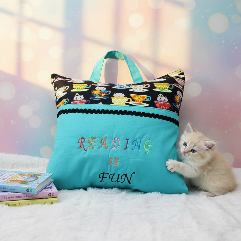 Cat Lover Reading Pillow Cover | Handmade Book Pillow with Pom Pom Trim & Pocket