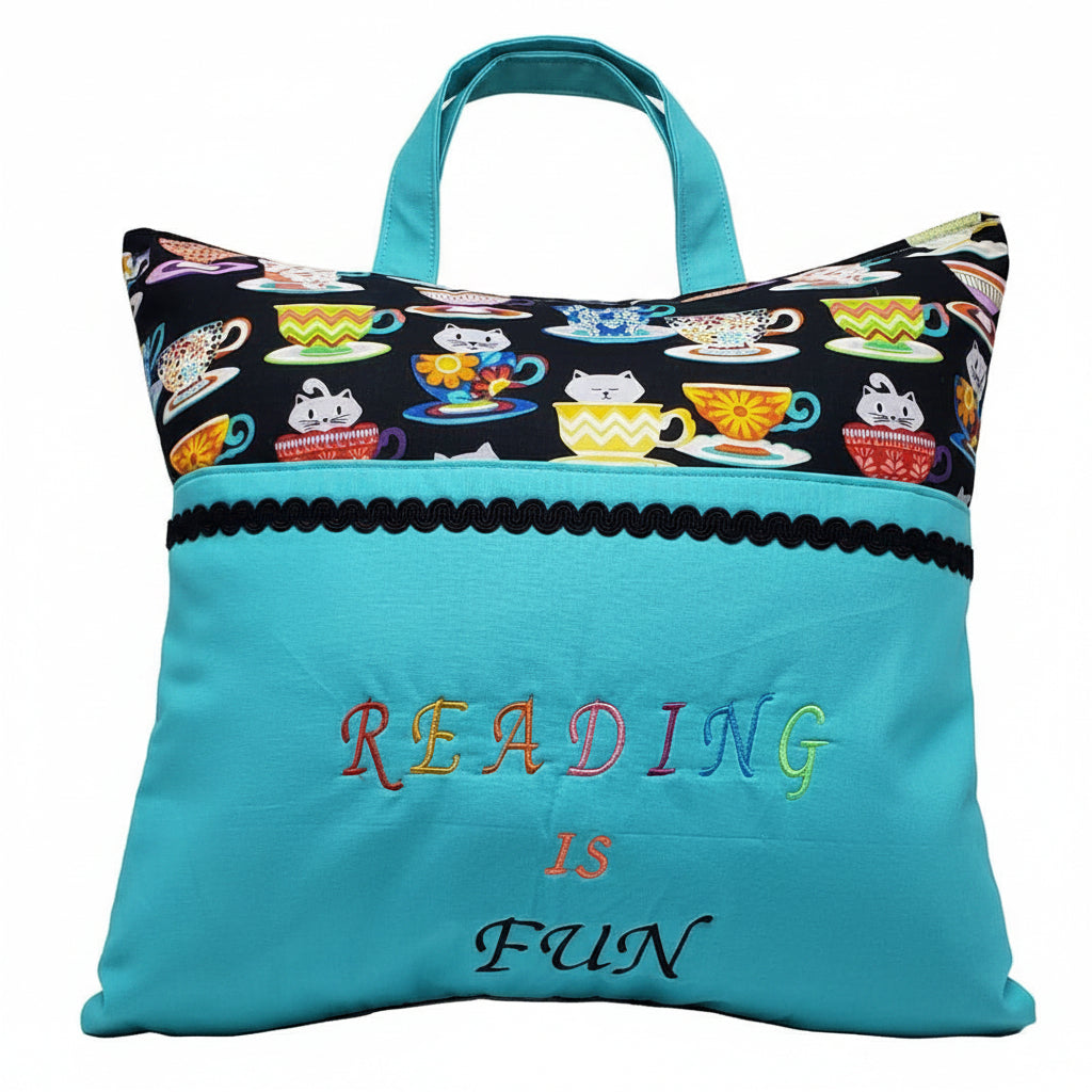 Cat Lover Reading Pillow Cover | Handmade Book Pillow with Pom Pom Trim & Pocket