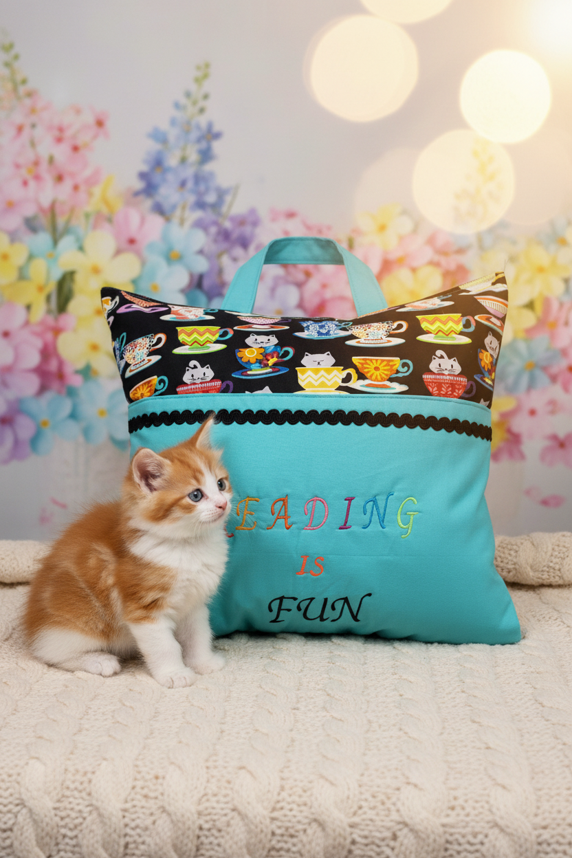 Cat Lover Reading Pillow Cover | Handmade Book Pillow with Pom Pom Trim & Pocket