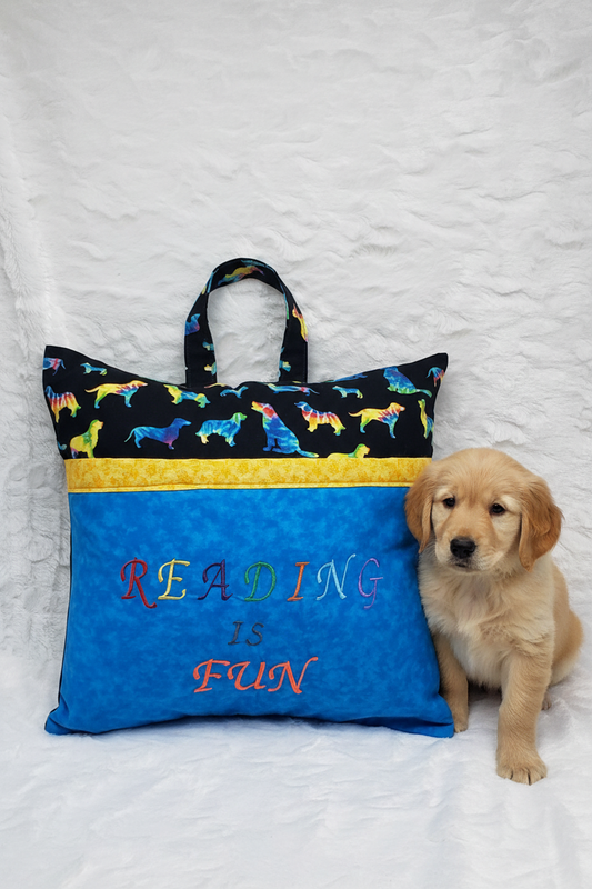 Colorful Canine Reading Pillow Cover | Handmade Book Pillow with Pocket