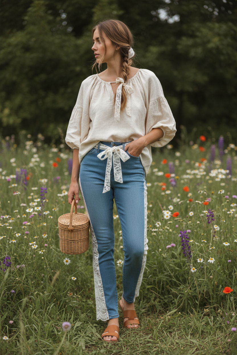 Cottagecore Prairie Style Upcycled Fashion Nova Lace Jeans