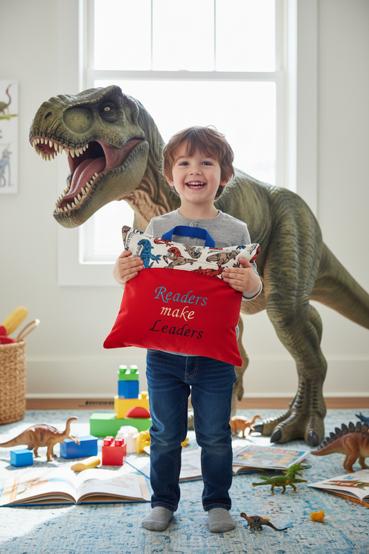 Dinosaur Reading Pillow Cover | Readers Make Leaders | Handmade Book Pocket Pillow Cover | Pillow Cover Only