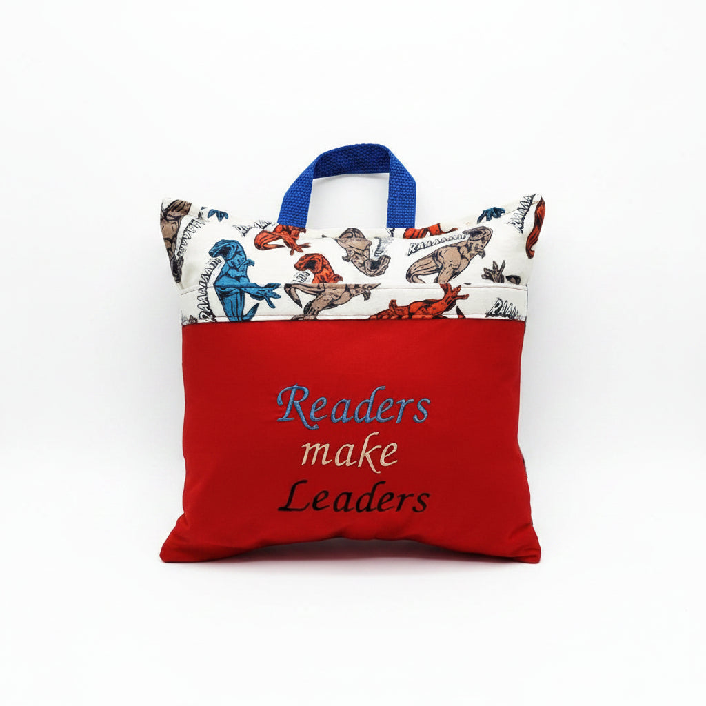 Dinosaur Reading Pillow Cover | Readers Make Leaders | Handmade Book Pocket Pillow Cover | Pillow Cover Only