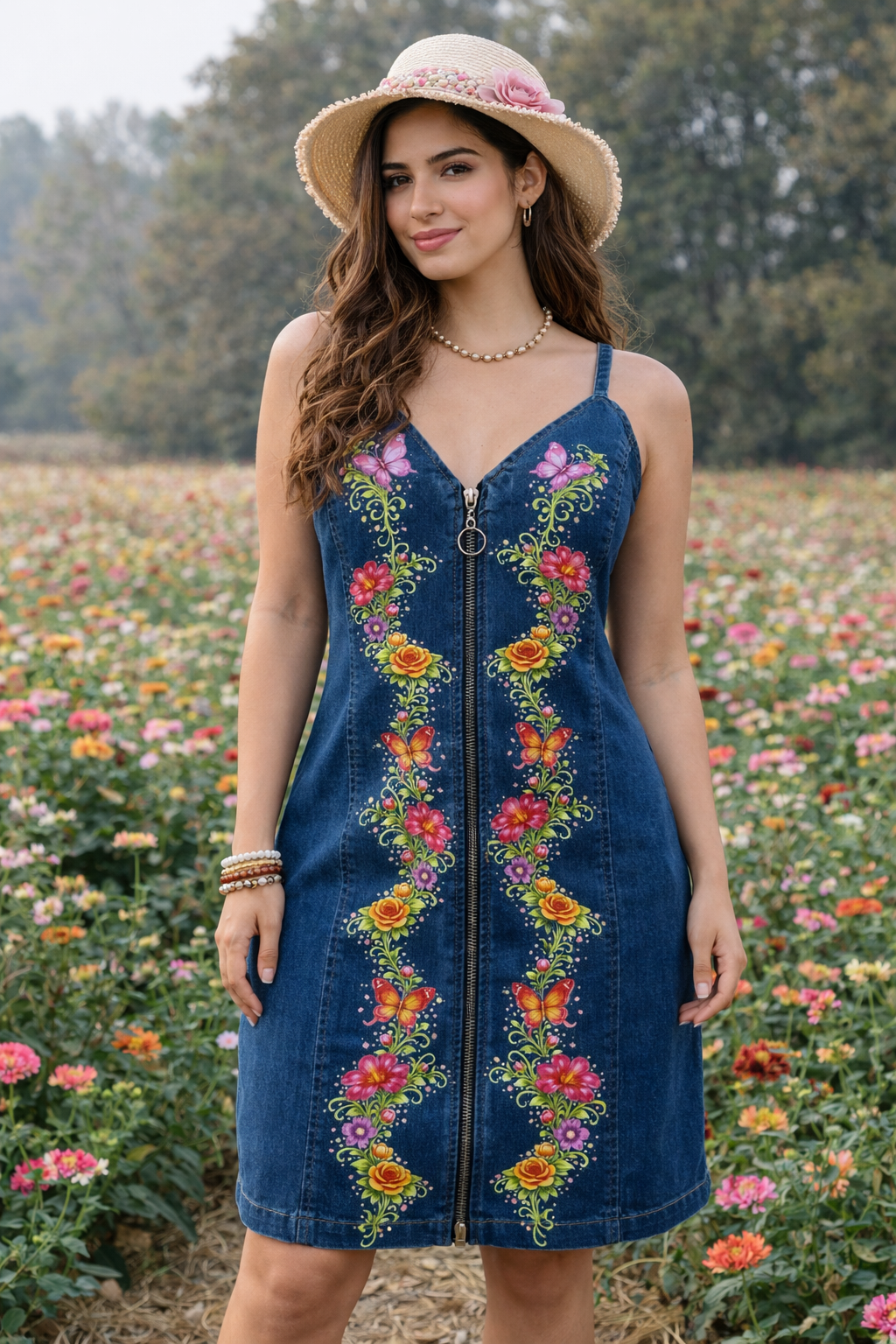 Upcycled Boho Denim Embroidered Butterfly Garden Dress