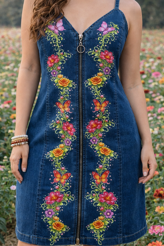 Enchanted Garden Floral Denim Zip Dress | Boho Cottagecore Romantic Boutique Dress | Women's Contemporary Fashion