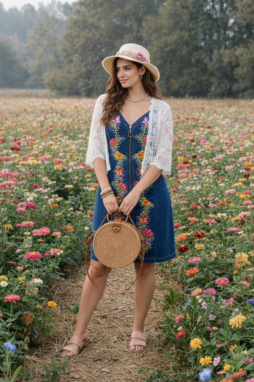 Enchanted Garden Floral Denim Zip Dress | Boho Cottagecore Romantic Boutique Dress | Women's Contemporary Fashion