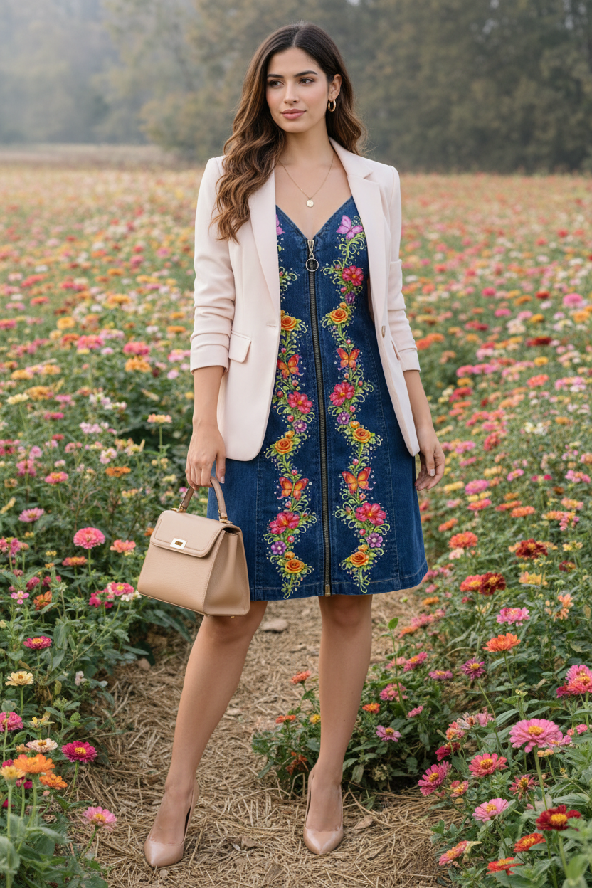 Enchanted Garden Floral Denim Zip Dress | Boho Cottagecore Romantic Boutique Dress | Women's Contemporary Fashion
