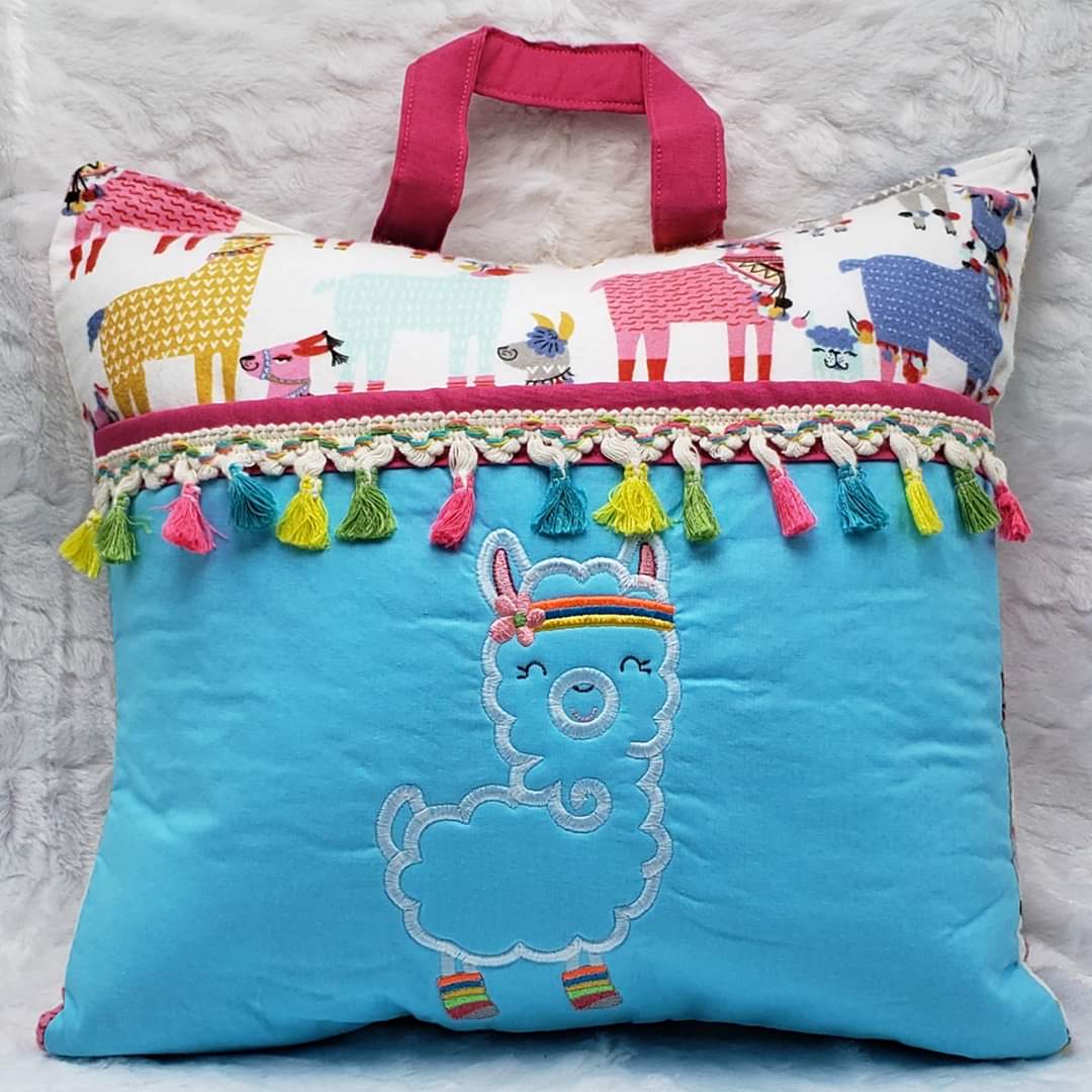 Boho Vibrant Llama Reading Pillow Cover | Handmade Kids Book Pillow with Tassel Trim & Pocket