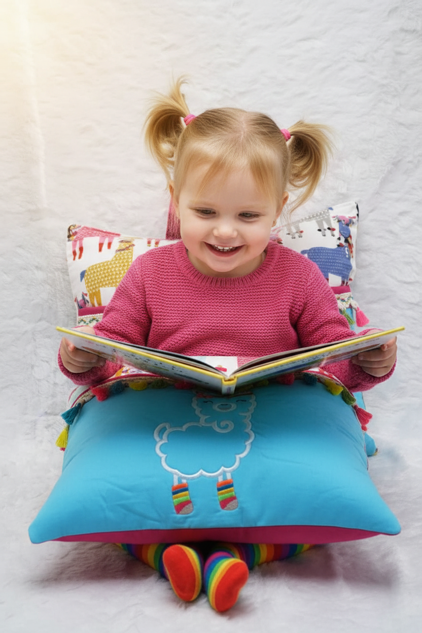 Boho Vibrant Llama Reading Pillow Cover | Handmade Kids Book Pillow with Tassel Trim & Pocket