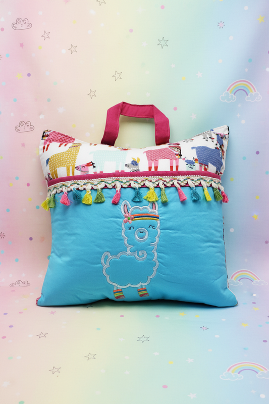 Boho Vibrant Llama Reading Pillow Cover | Handmade Kids Book Pillow with Tassel Trim & Pocket