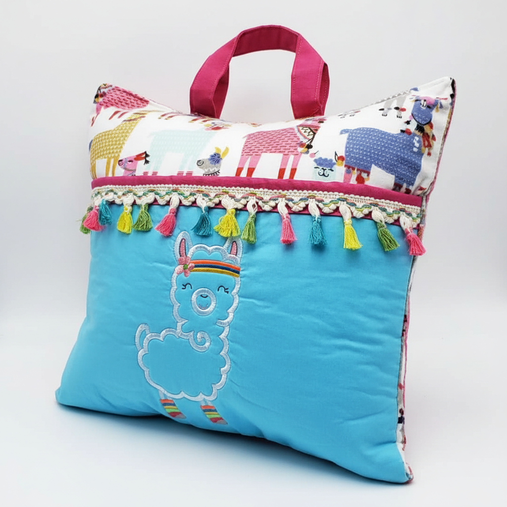 Boho Vibrant Llama Reading Pillow Cover | Handmade Kids Book Pillow with Tassel Trim & Pocket