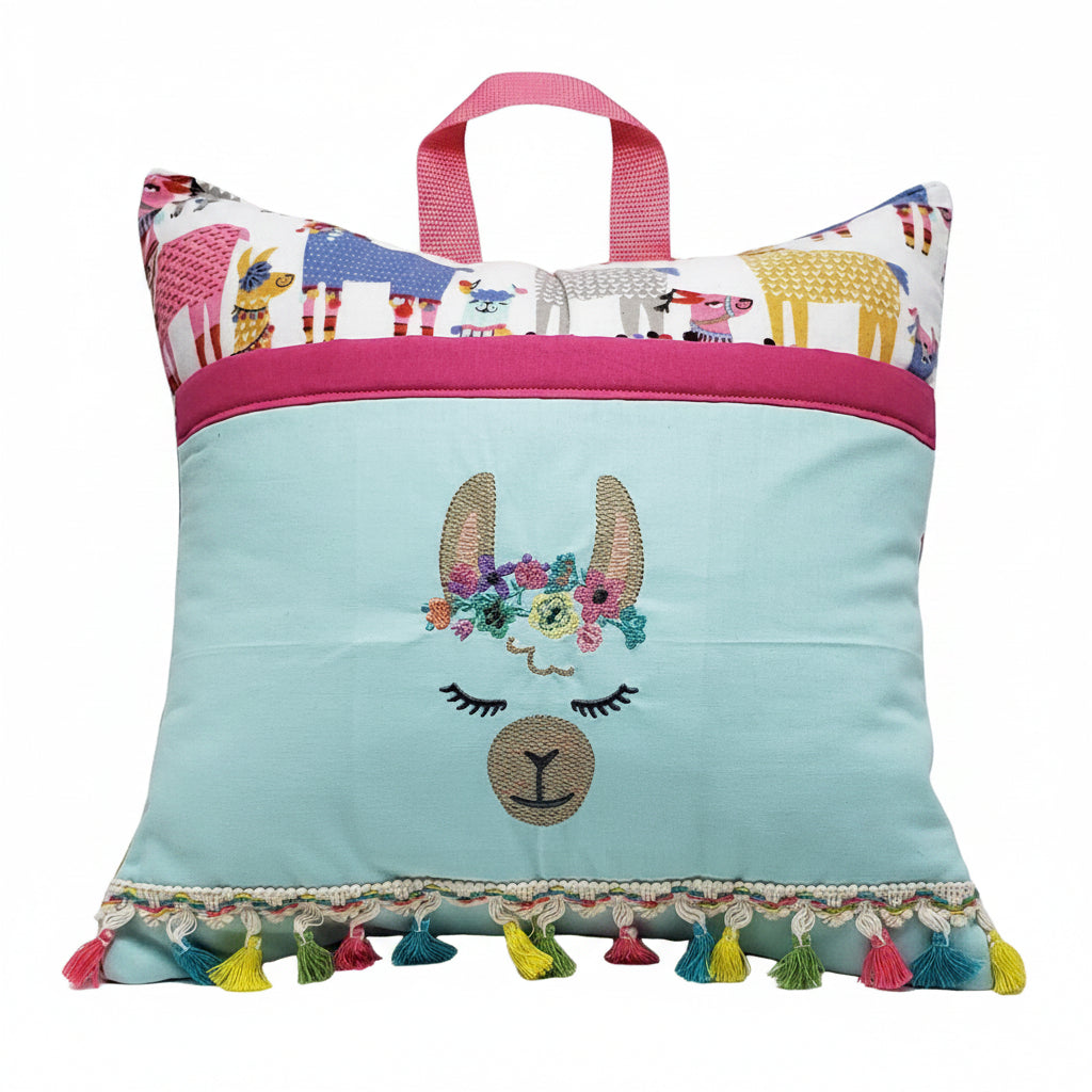 Floral Llama Reading Pillow Cover | Handmade Boho Kids Book Pillow with Tassel Trim