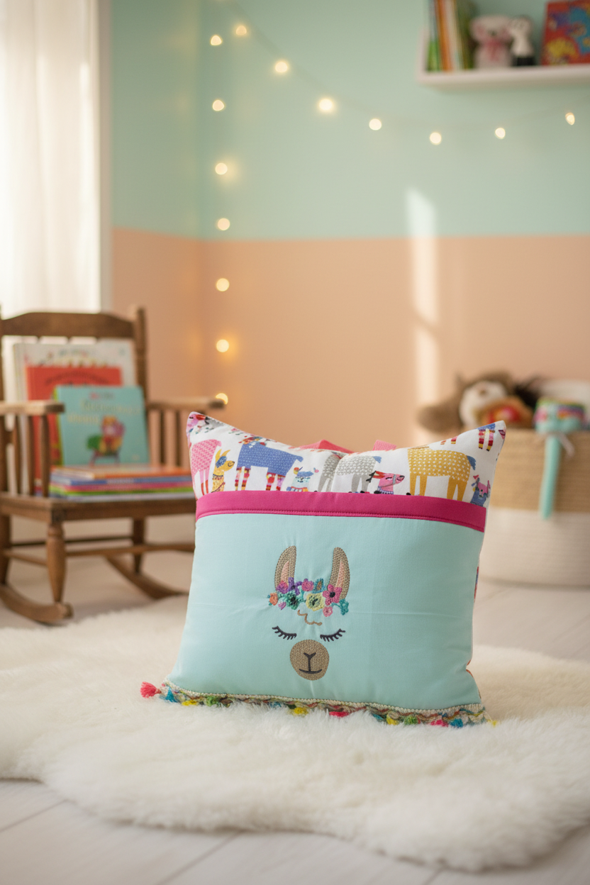Floral Llama Reading Pillow Cover | Handmade Boho Kids Book Pillow with Tassel Trim