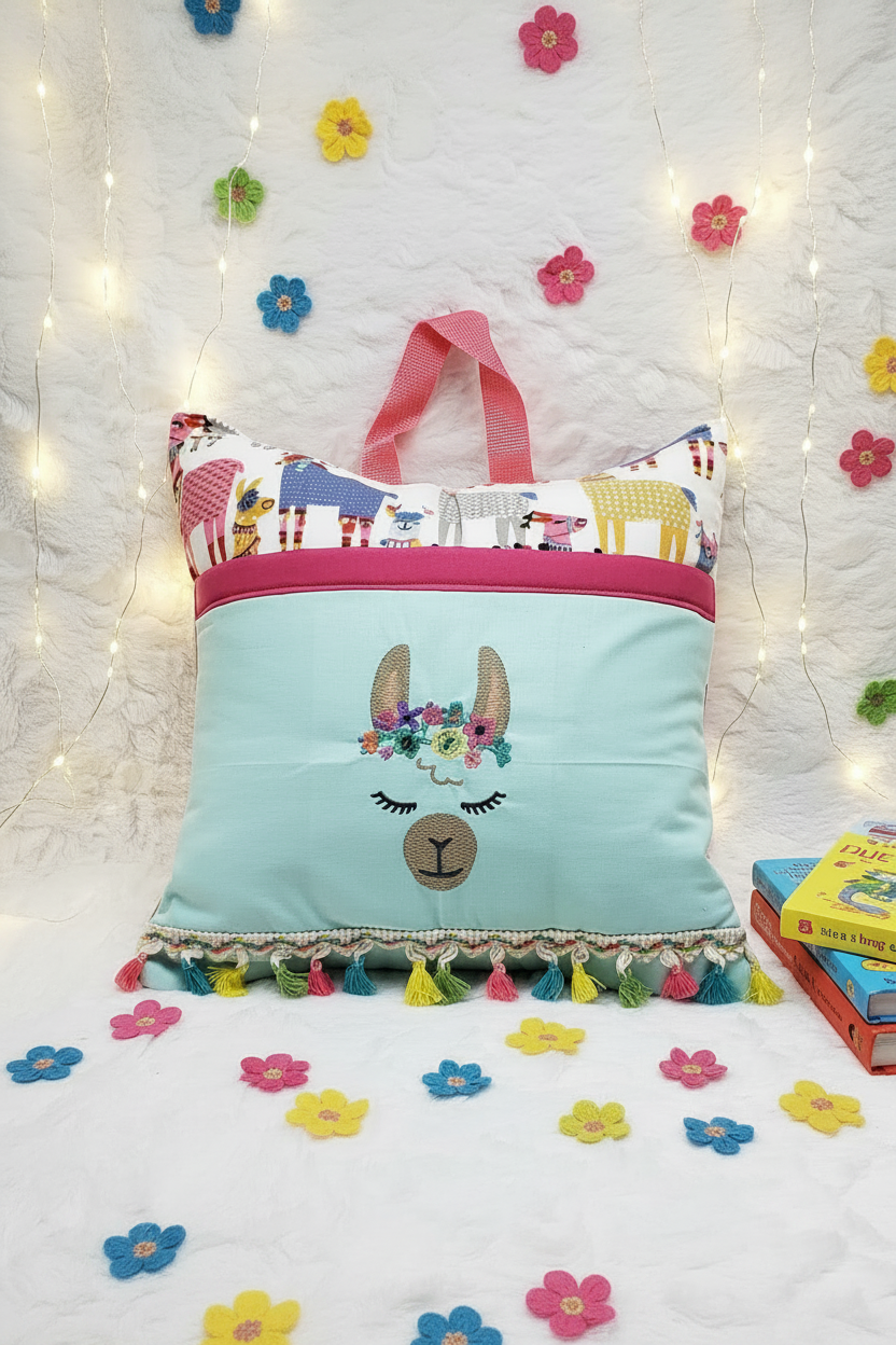 Floral Llama Reading Pillow Cover | Handmade Boho Kids Book Pillow with Tassel Trim