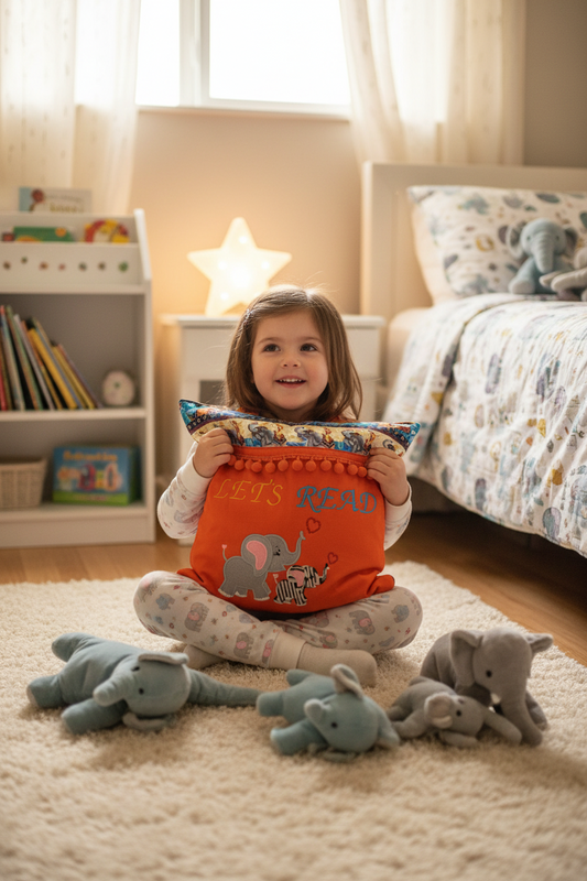 Let's Read Elephant Reading Pillow Cover | Safari Book Pillow with Pocket & Handle 