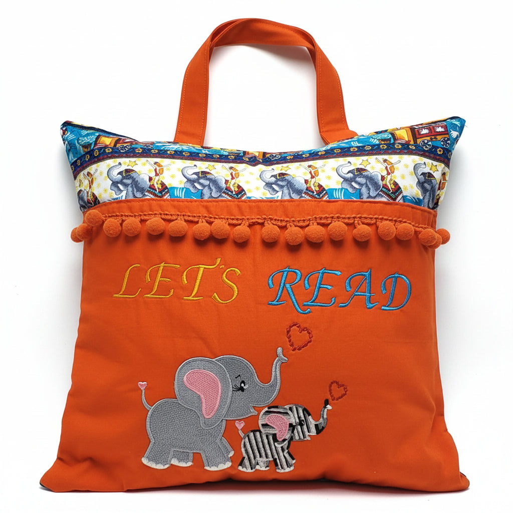 Let's Read Elephant Reading Pillow Cover | Safari Book Pillow with Pocket & Handle | Handmade by LMM Atelier