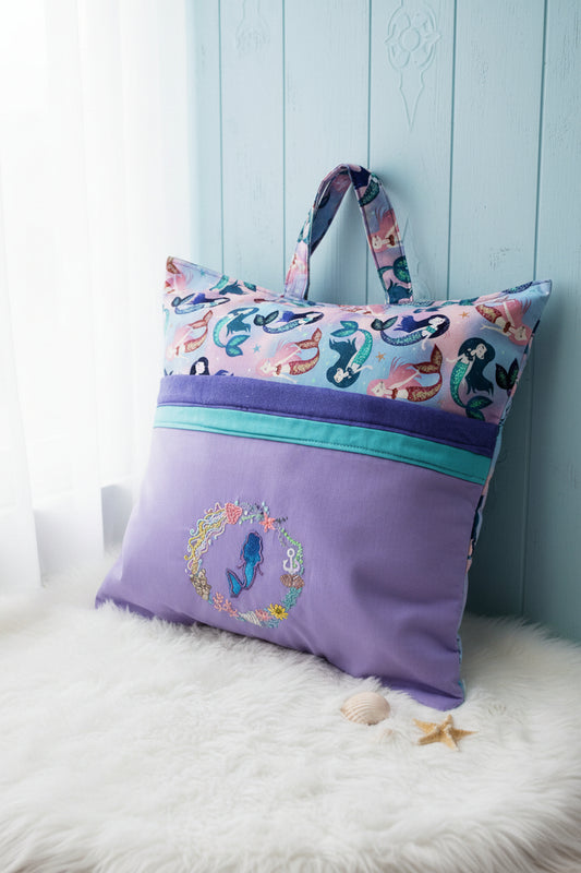 Mermaid Reading Pillow Cover | Handmade Ocean Book Pillow with Pocket & Carry Handle
