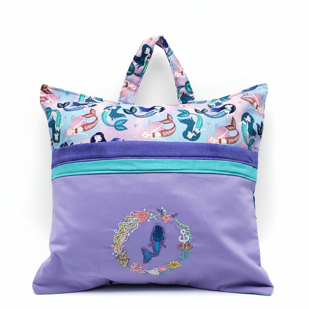 Mermaid Reading Pillow Cover | Handmade Ocean Book Pillow with Pocket & Carry Handle