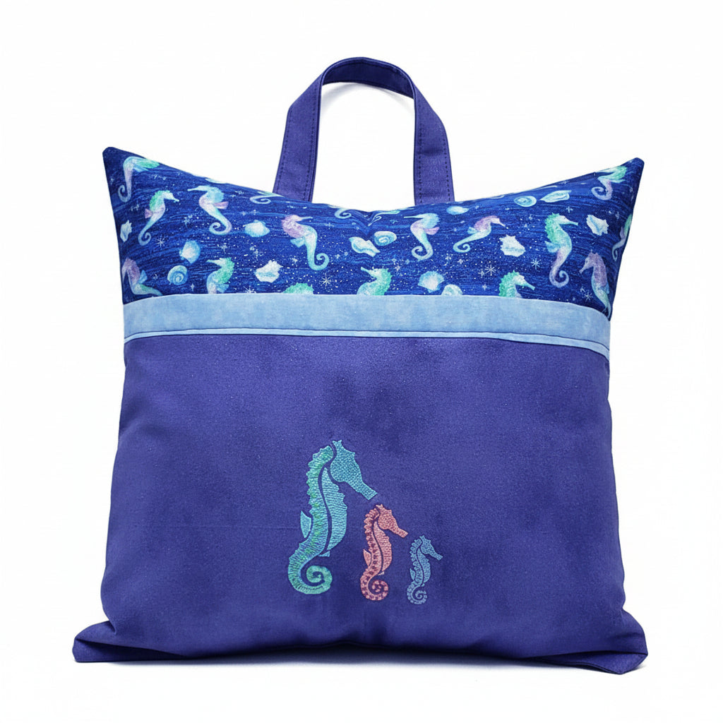 Ocean Dreams Seahorse Reading Pillow Cover | Coastal Book Pillow with Pocket & Handle | Marine Life Reading Cushion | Handmade by LMM Atelier