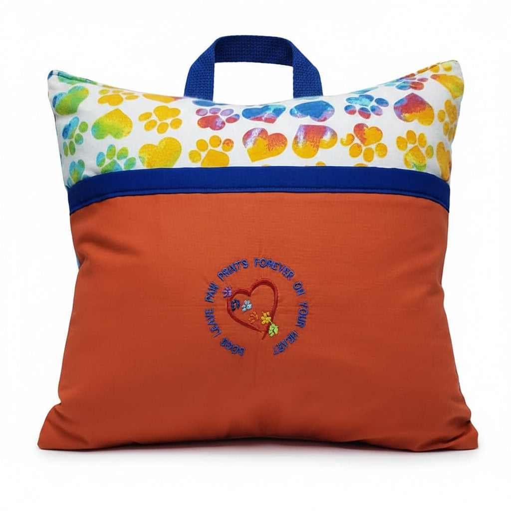 Paw Prints Forever Reading Pillow Cover | Dog Memorial Book Pillow with Pocket & Handle | Handmade by LMM Atelier