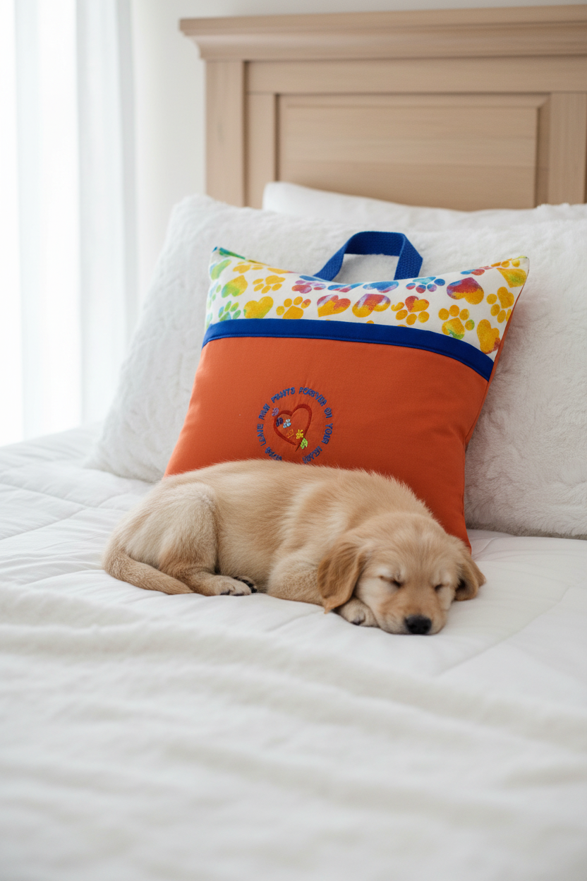 Paw Prints Forever Reading Pillow Cover | Dog Memorial Book Pillow with Pocket & Handle | Handmade by LMM Atelier