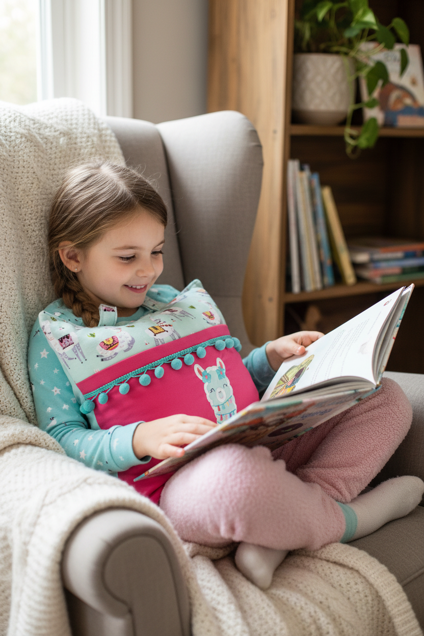Pom Pom Llama Reading Pillow Cover | Handmade Kids Book Pillow with Pom Pom Trim & Pocket