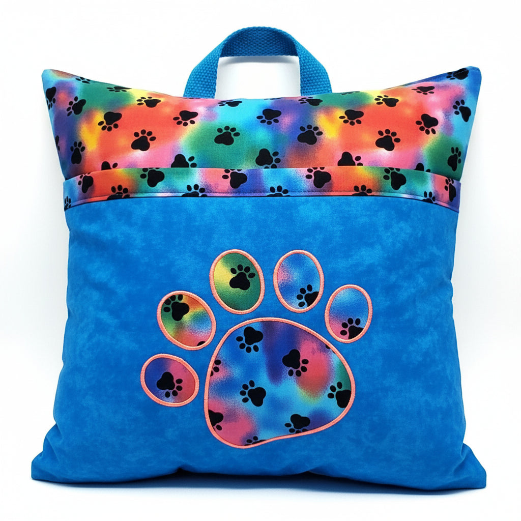 Rainbow Paw Adventure Reading Pillow Cover | Dog Lover Book Pillow with Pocket & Handle | Travel Reading Cushion for Kids & Adults | Handmade by LMM Atelier