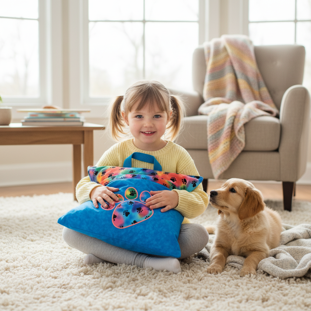 Rainbow Paw Adventure Reading Pillow Cover | Dog Lover Book Pillow with Pocket & Handle | Travel Reading Cushion for Kids & Adults | Handmade by LMM Atelier