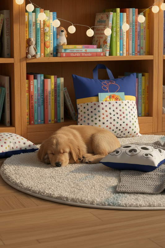Rainbow Paw Parade Reading Pillow Cover | Pet Lover Book Pillow with Pocket & Handle | Handmade by LMM Atelier