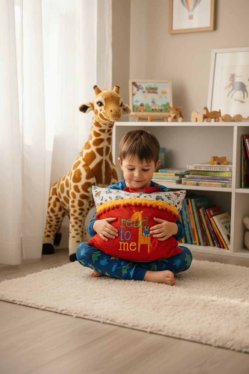 Read With Me Giraffe Reading Pillow Cover | Safari Book Pillow with Pocket & Handle | Handmade by LMM Atelier