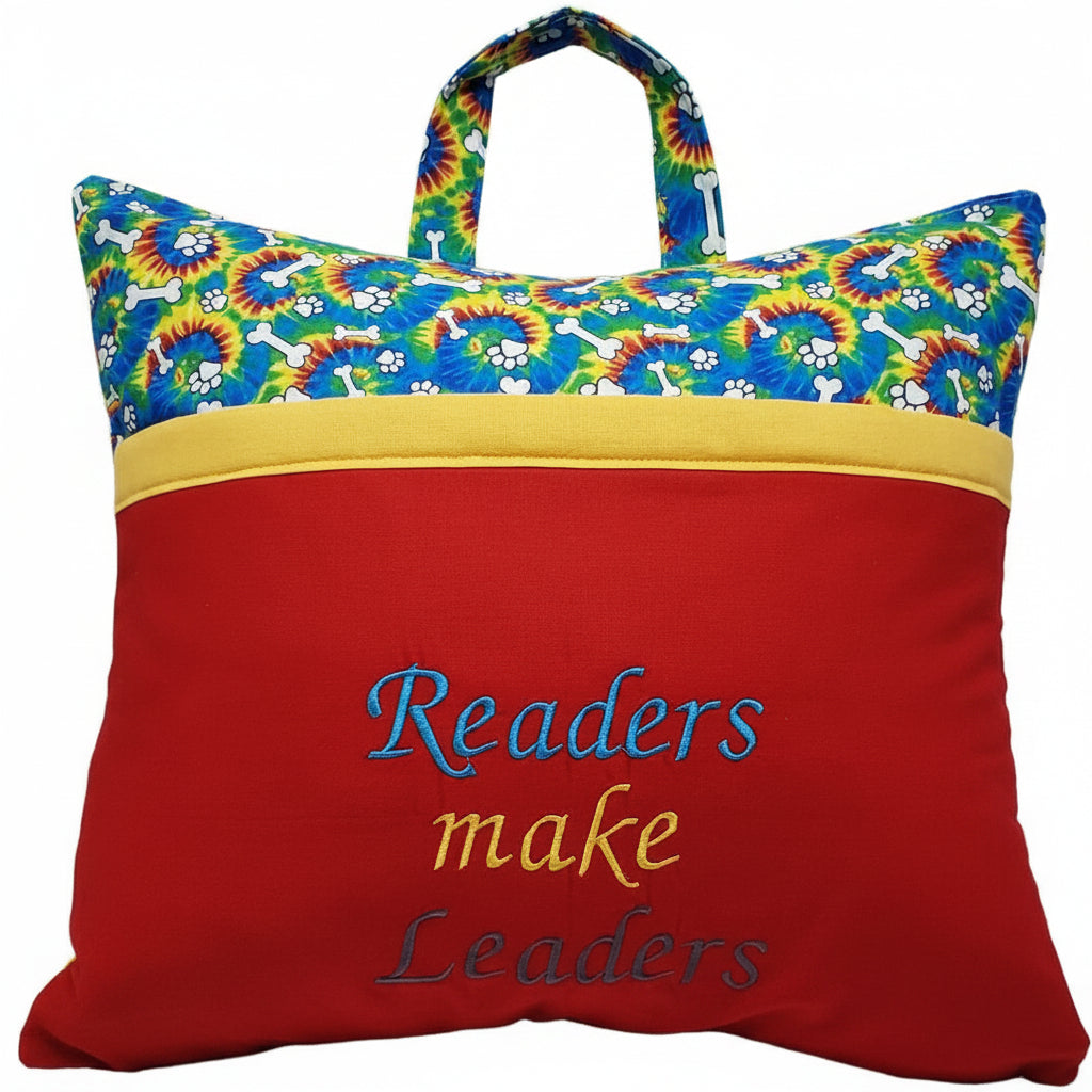 Readers Make Leaders Dog Reading Pillow Cover | Tie-Dye Paw Print Book Pillow with Pocket & Handle