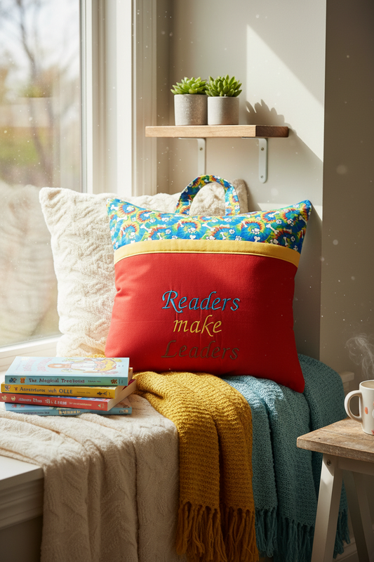 Readers Make Leaders Dog Reading Pillow Cover | Tie-Dye Paw Print Book Pillow with Pocket & Handle