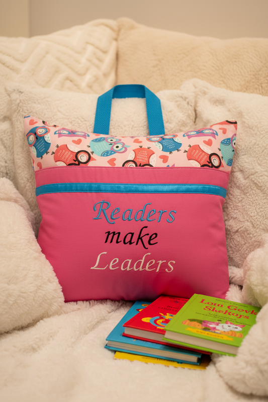 Readers Make Leaders Owl Reading Pillow Cover | Inspirational Book Pillow with Pocket & Handle | Handmade by LMM Atelier