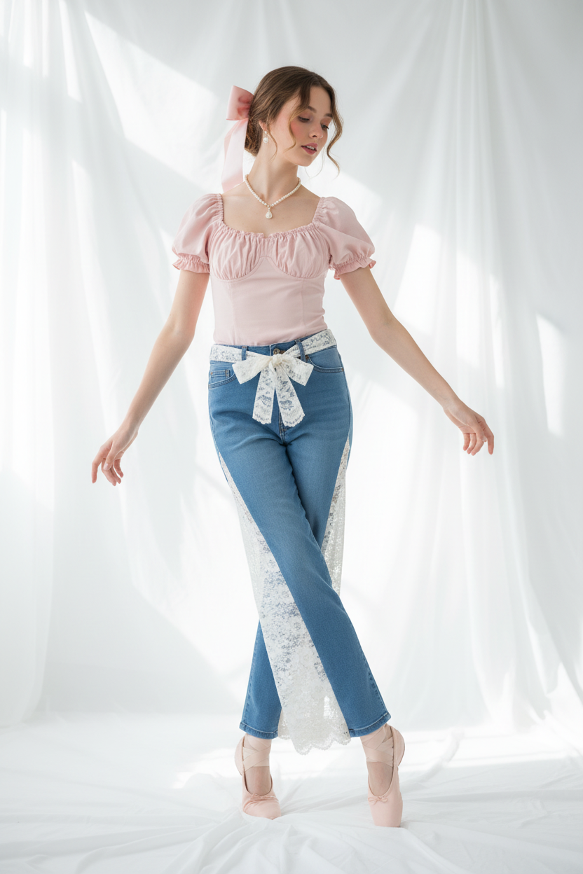Reworked Fashion Nova Lace Flare Denim Overlays & Matching Lace Tie Belt  Coquette Balletcore 