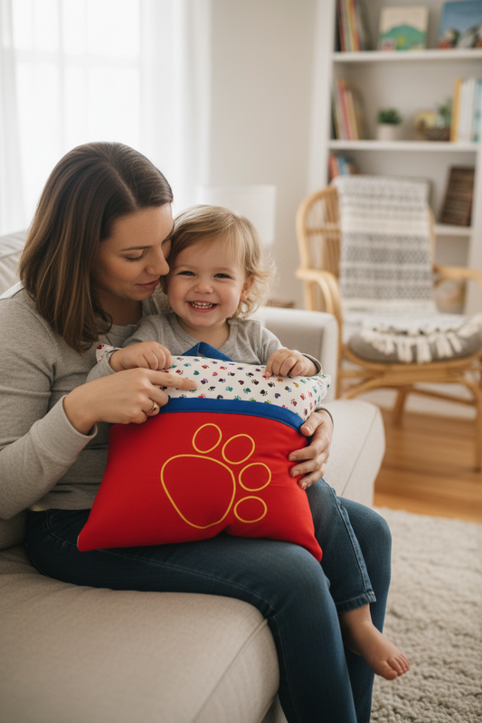 Ruby Paw Reading Pillow Cover | Dog Lover Book Pillow with Pocket & Handle | Handmade by LMM Atelier