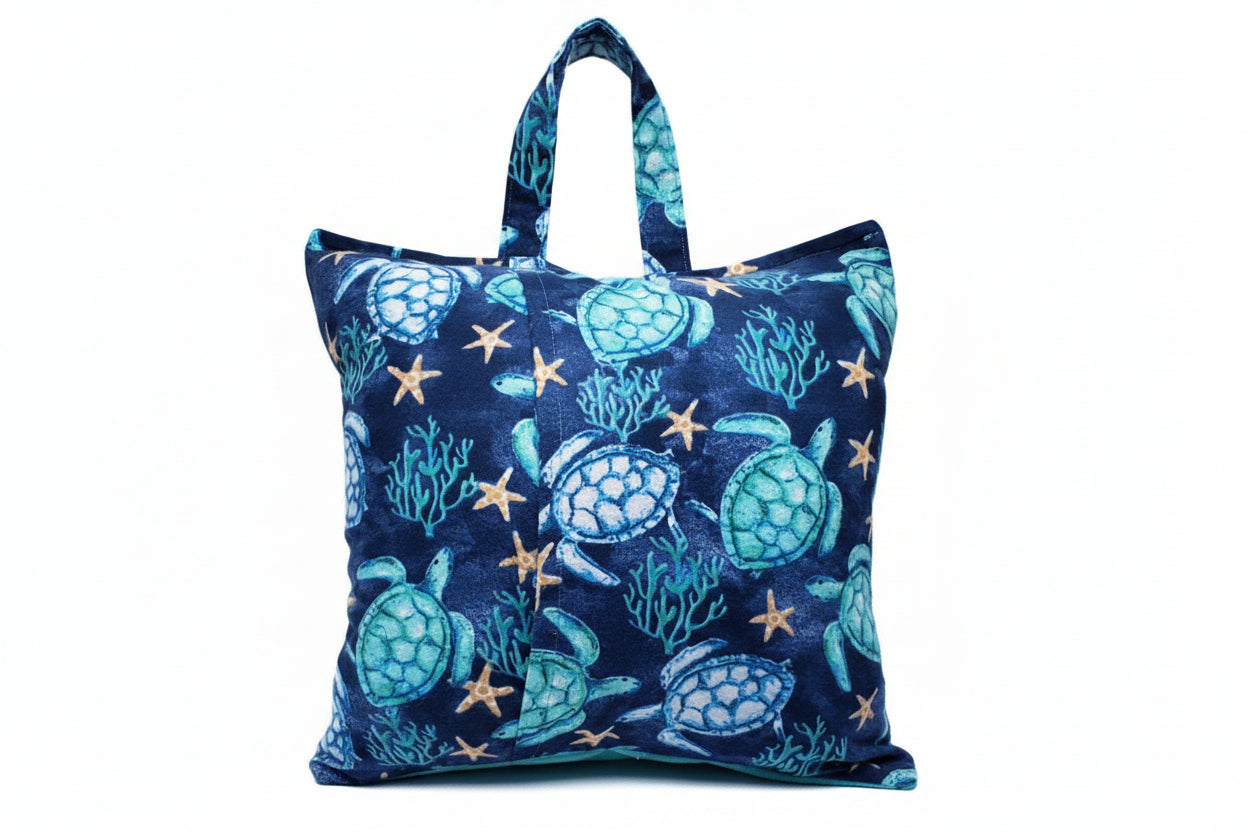 Sea Turtle Reading Pillow Cover | Handmade Coastal Book Pillow with Ocean Pocket