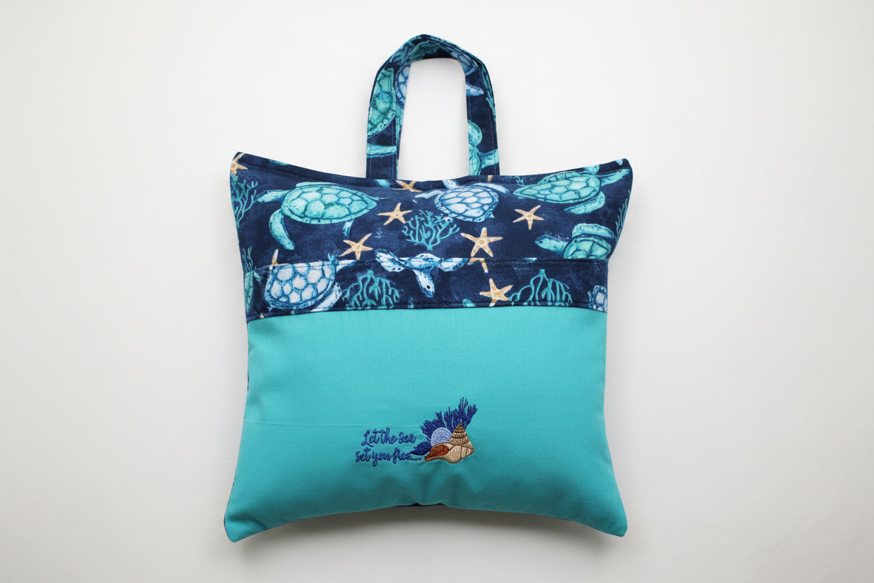 Sea Turtle Reading Pillow Cover | Handmade Coastal Book Pillow with Ocean Pocket