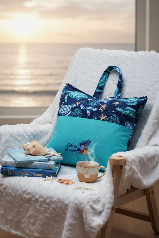 Sea Turtle Reading Pillow Cover | Handmade Coastal Book Pillow with Ocean Pocket